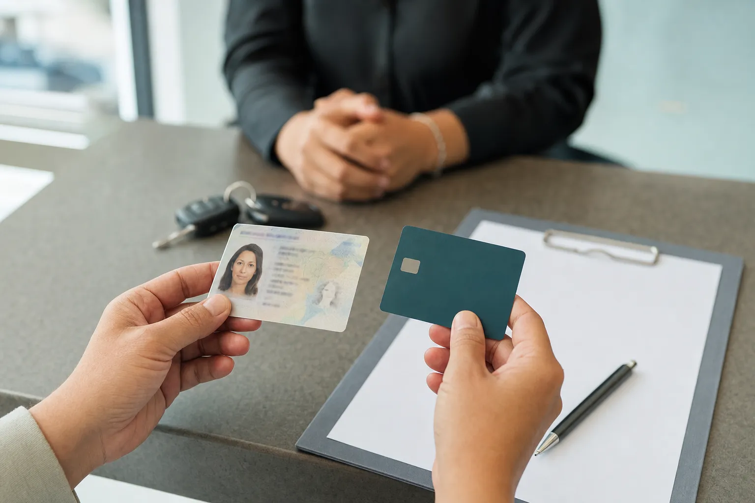 Driver holding a license and debit card at a rental counter