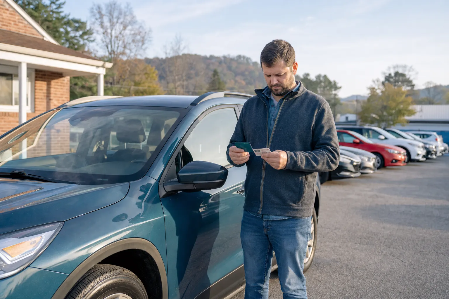 Driver checking a debit card and license beside a rental SUV