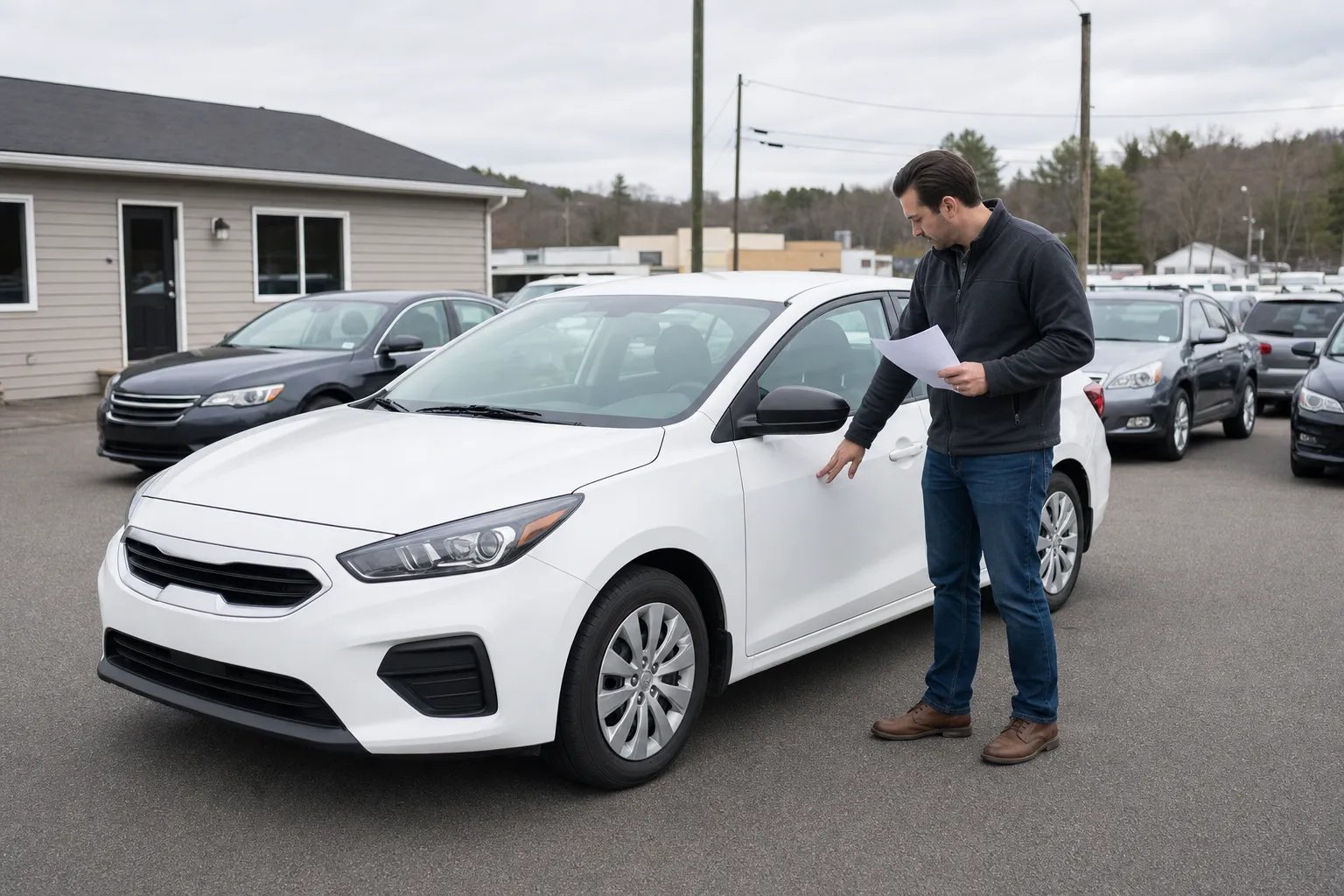 Driver inspecting a white rental car before pickup