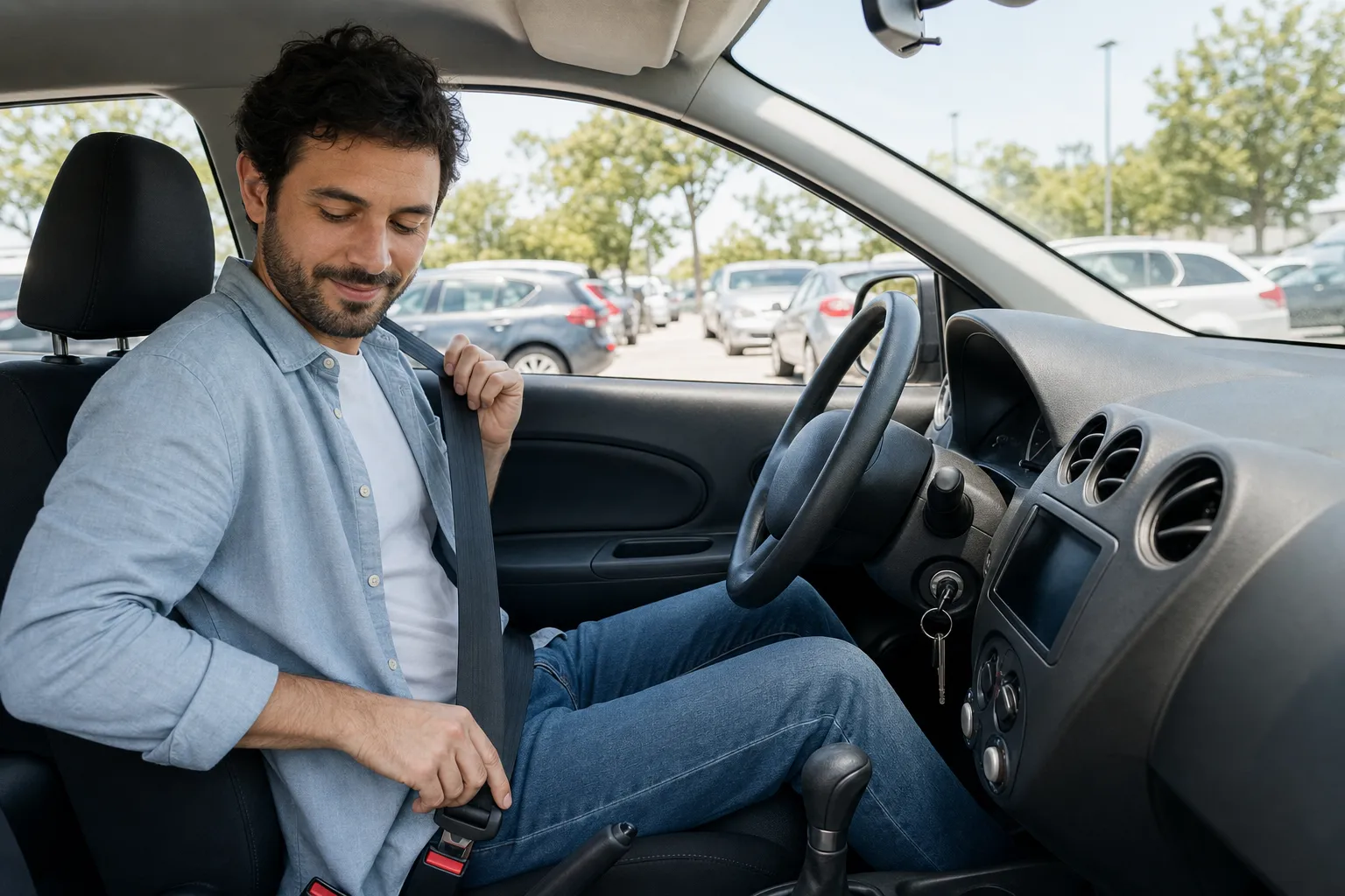 Driver fastening a seat belt in a compact rental car