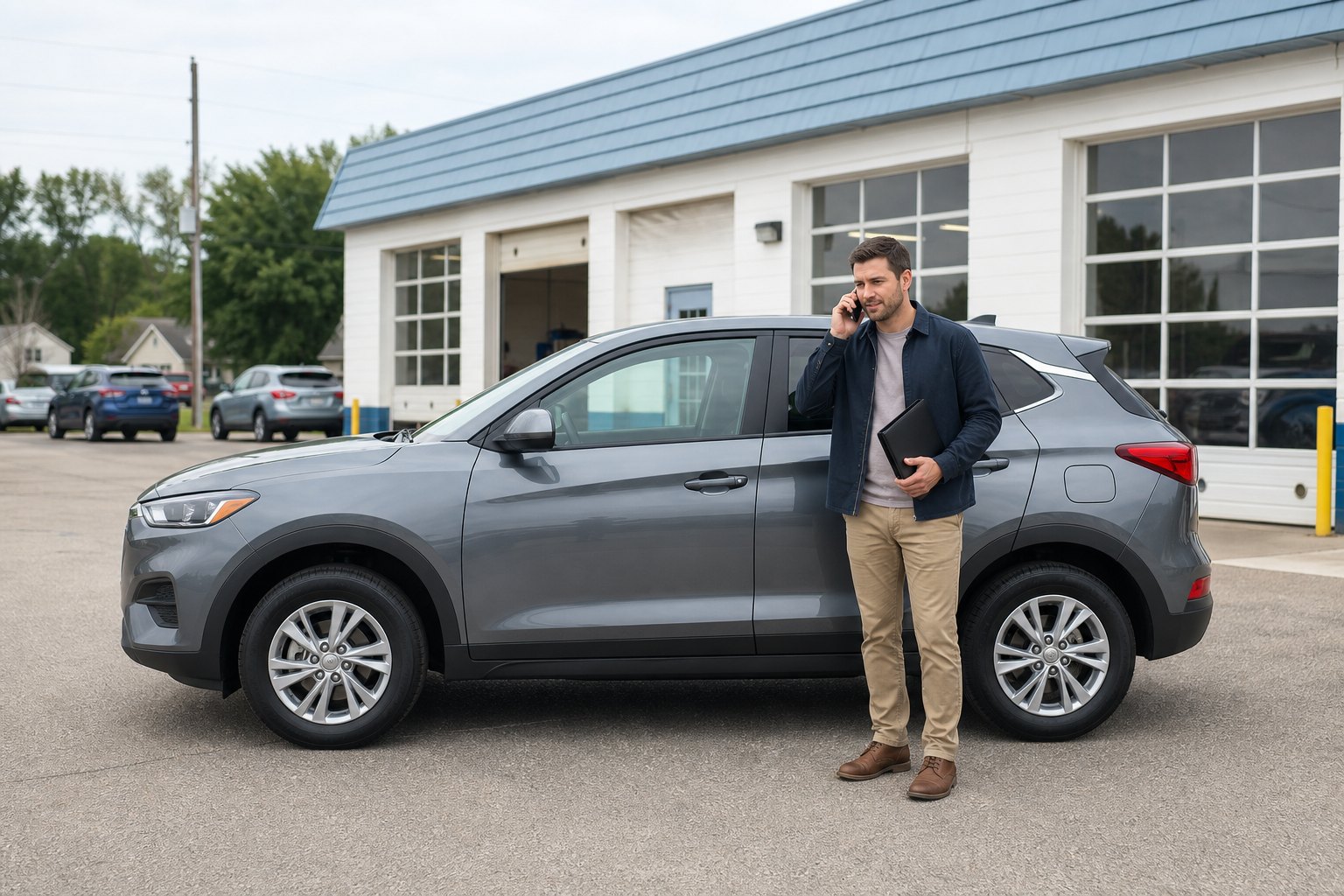 Driver calling an insurer beside a compact SUV outside an auto repair shop