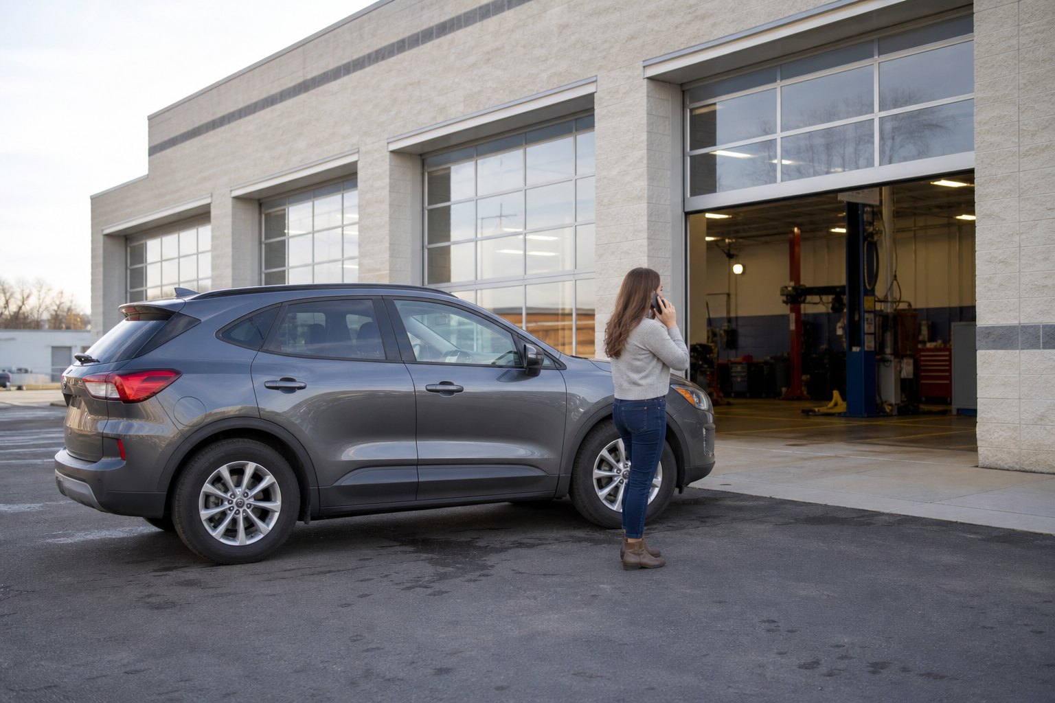 Driver calling about a rental extension outside an auto repair shop
