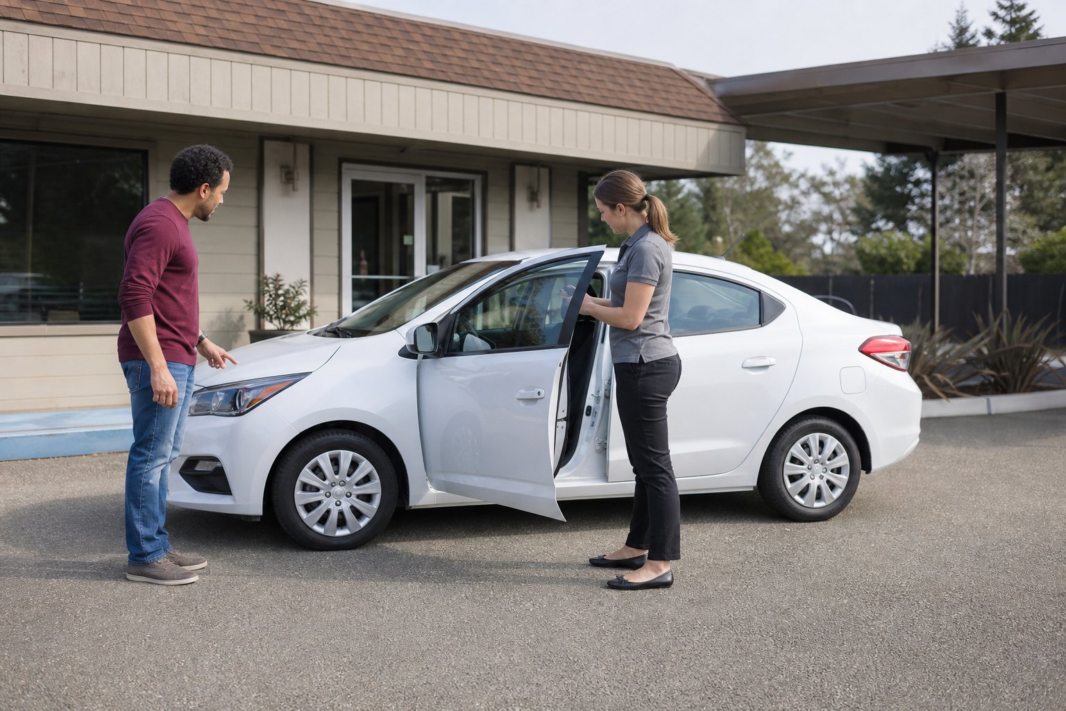 Renter and rental representative inspecting a compact car before return