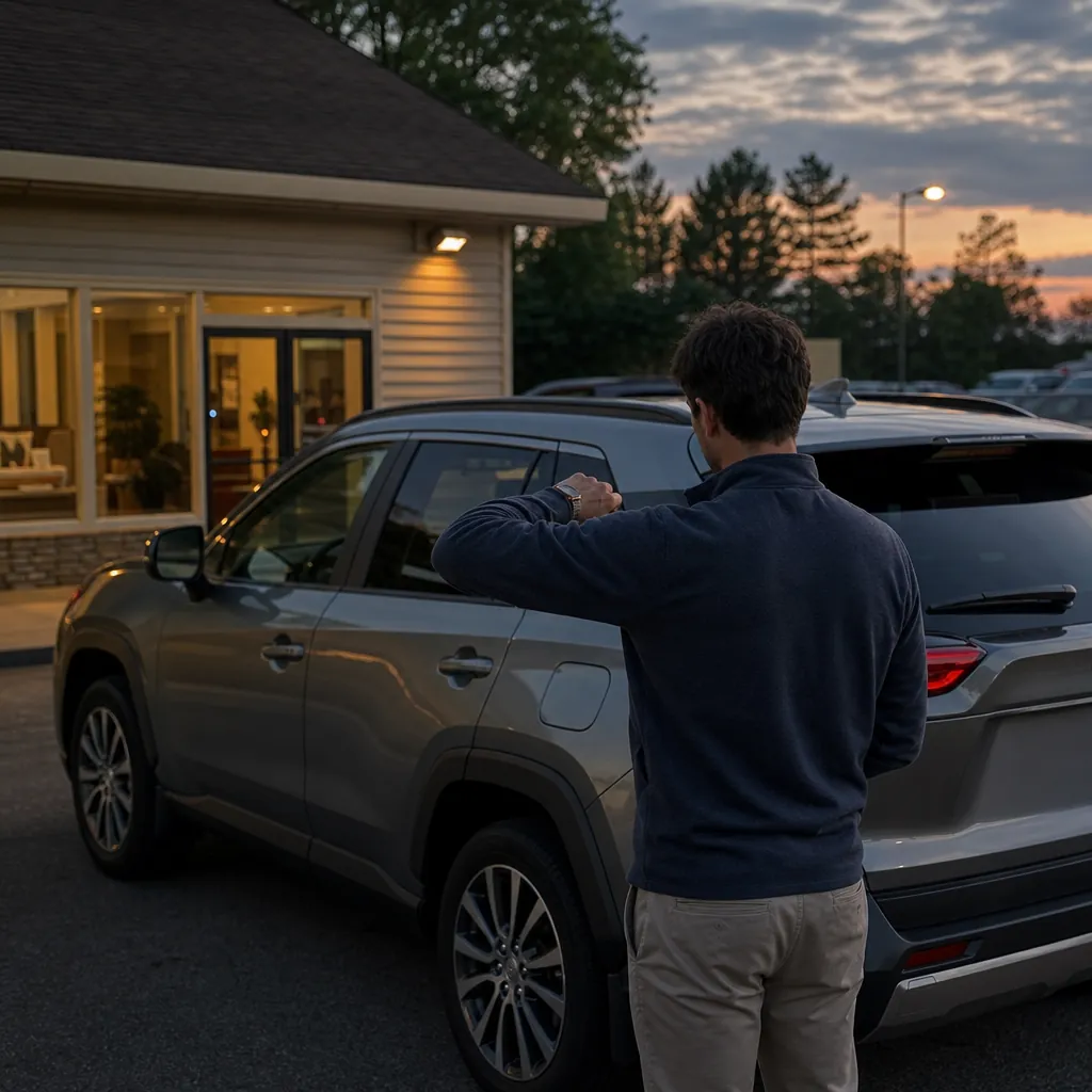 Driver checking the time beside a compact SUV outside a local rental office