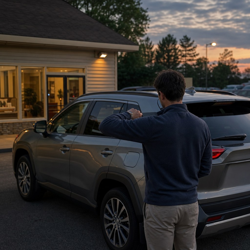 Driver checking the time beside a compact SUV outside a local rental office