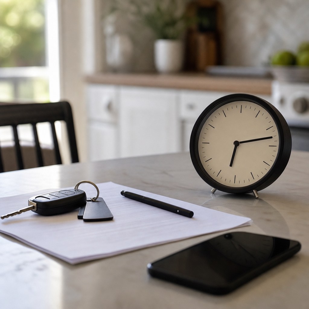 Rental agreement, car keys, phone and clock ready for a return plan