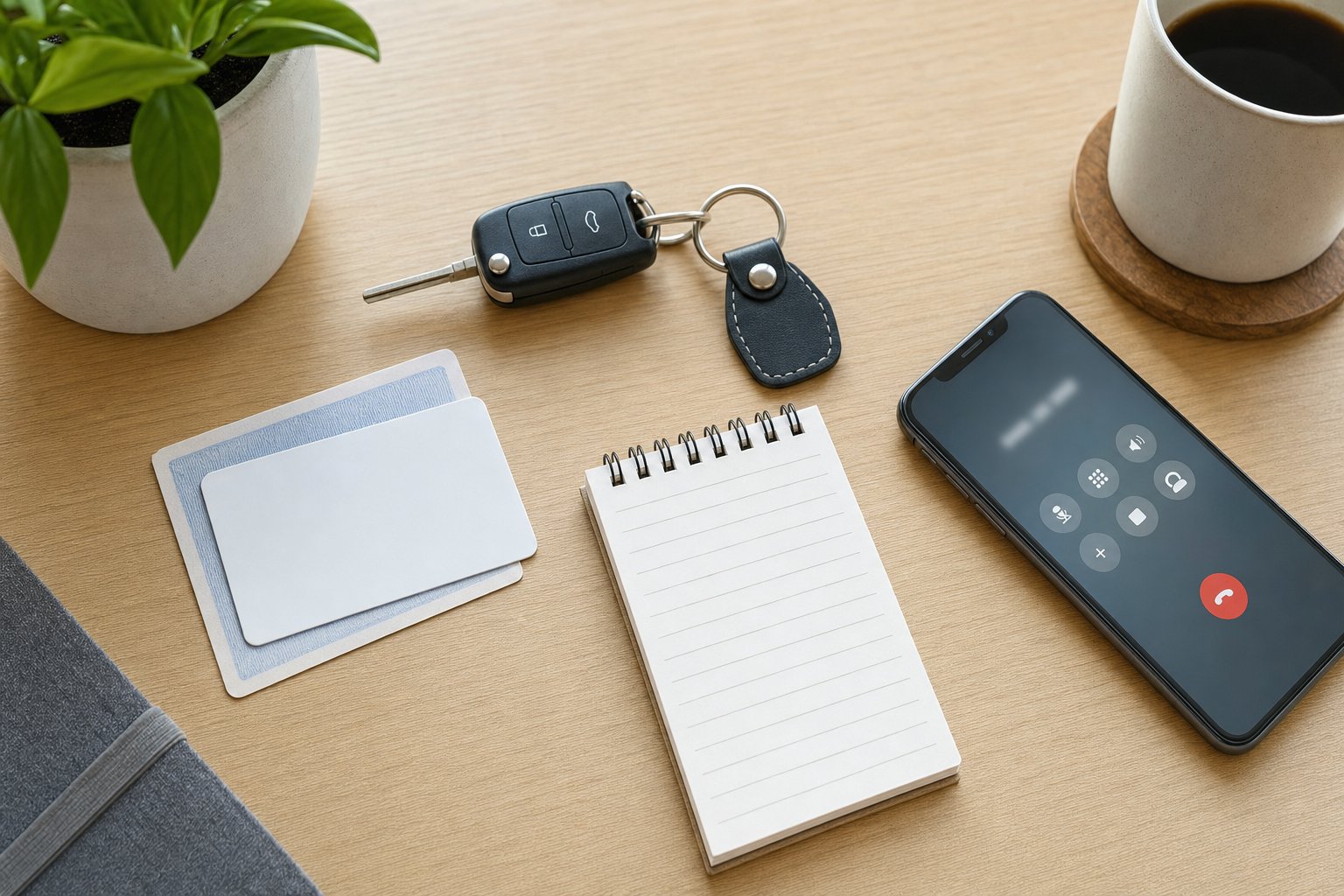 Car keys, phone and notes arranged for an insurance claim call