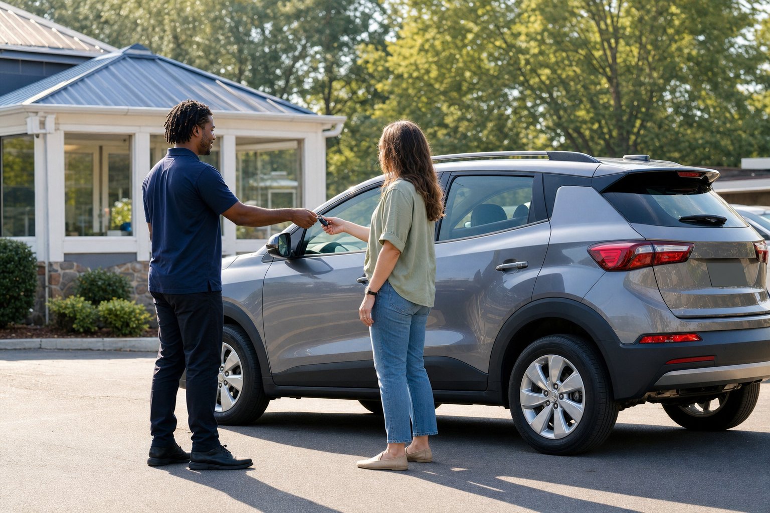 Customer receiving a key fob beside a compact SUV at a rental office