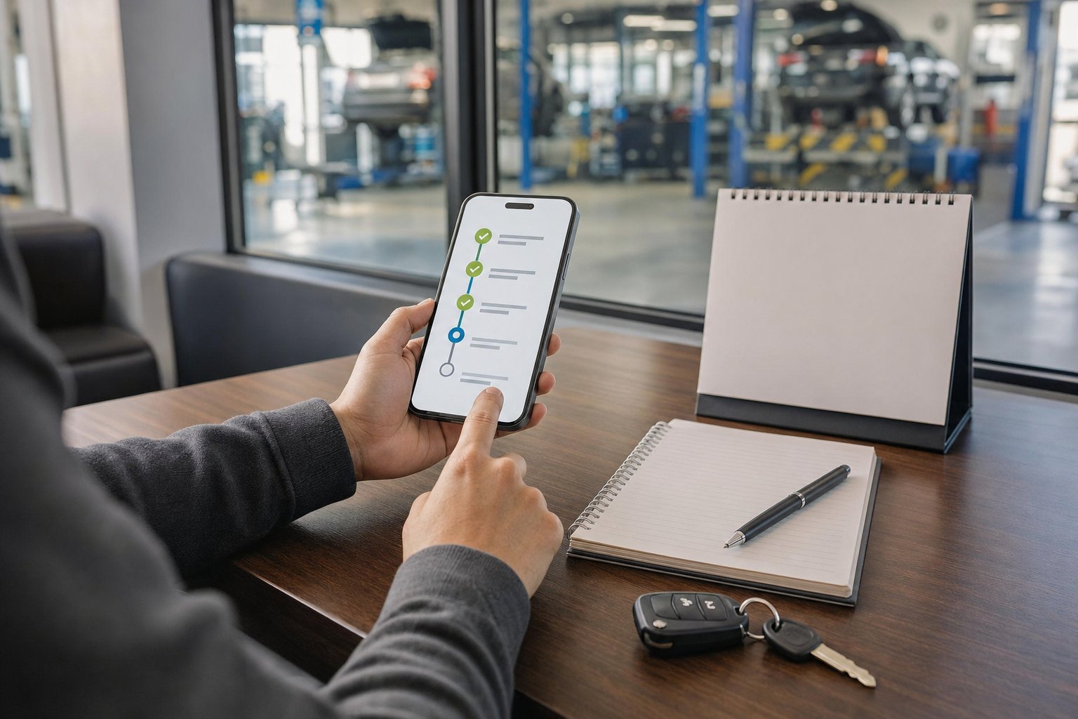 Driver reviewing a repair-progress plan from a shop waiting area