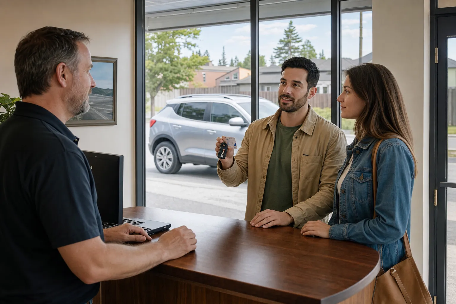 Two adults discussing a local rental at a counter with a compact SUV outside