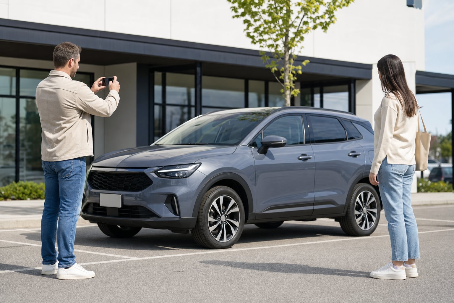 Two adults inspecting a compact SUV together before pickup