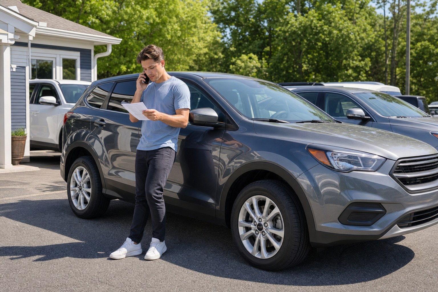 Young adult calling about a rental beside a compact SUV