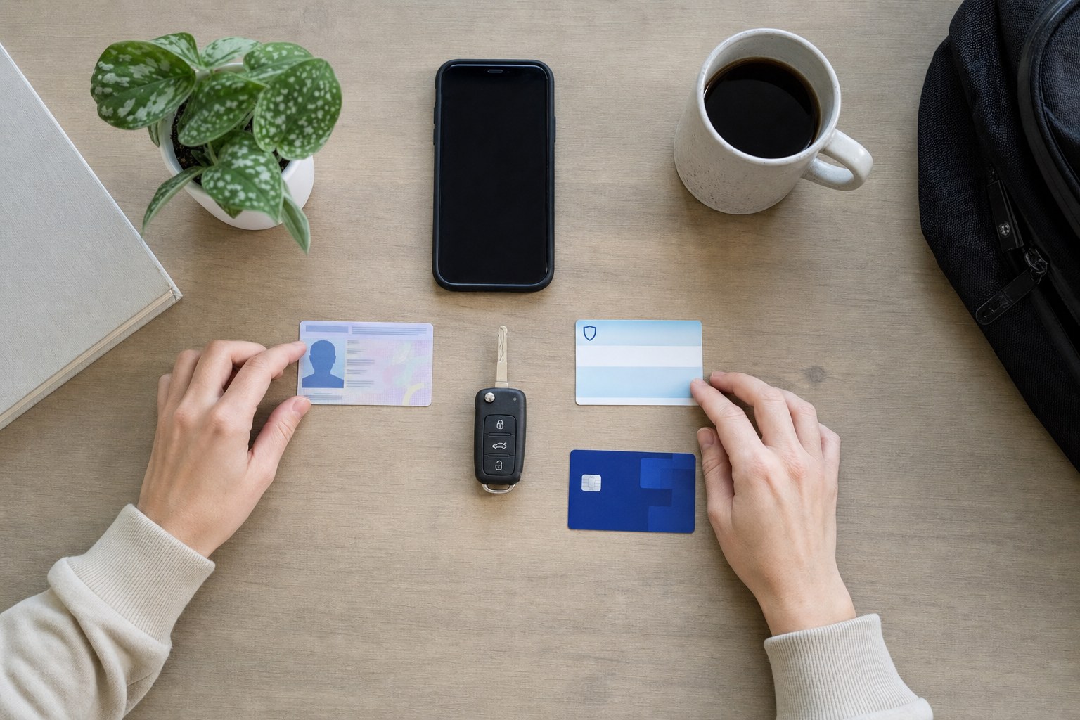 Driver license, insurance card, debit card, phone and car key prepared for rental pickup