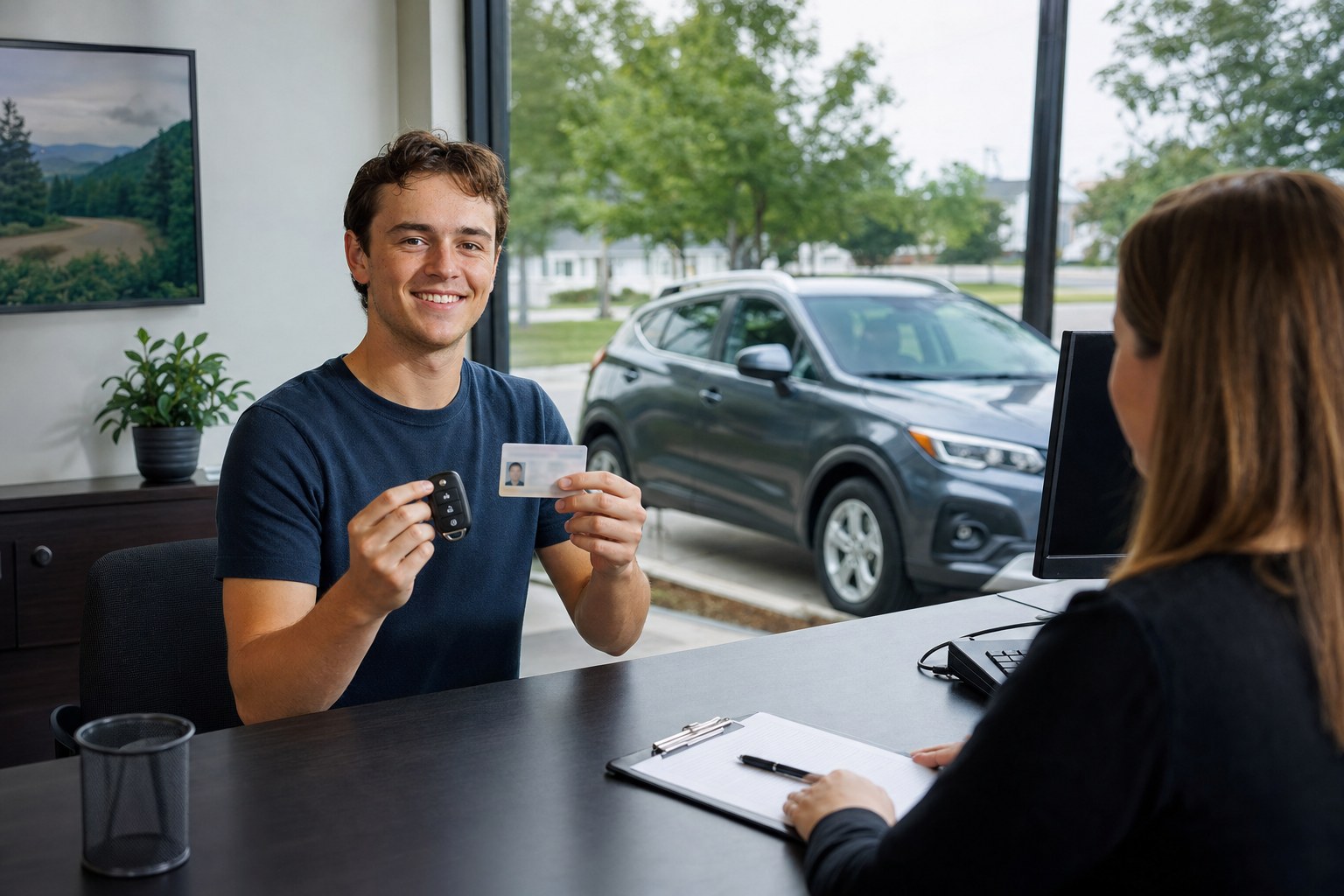 Young adult showing a driver license and car key at a local rental counter