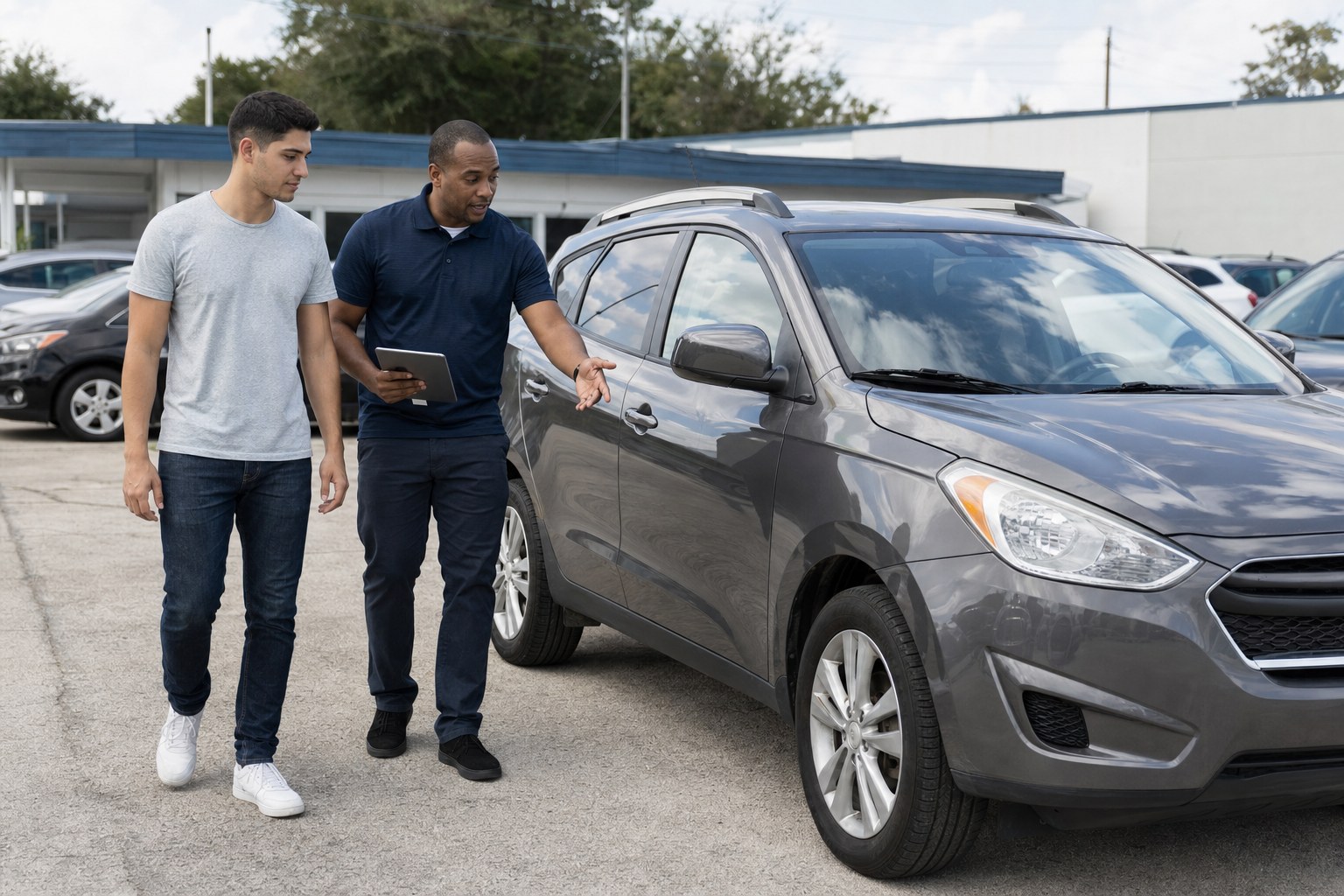 Renter and rental representative inspecting a compact SUV before pickup