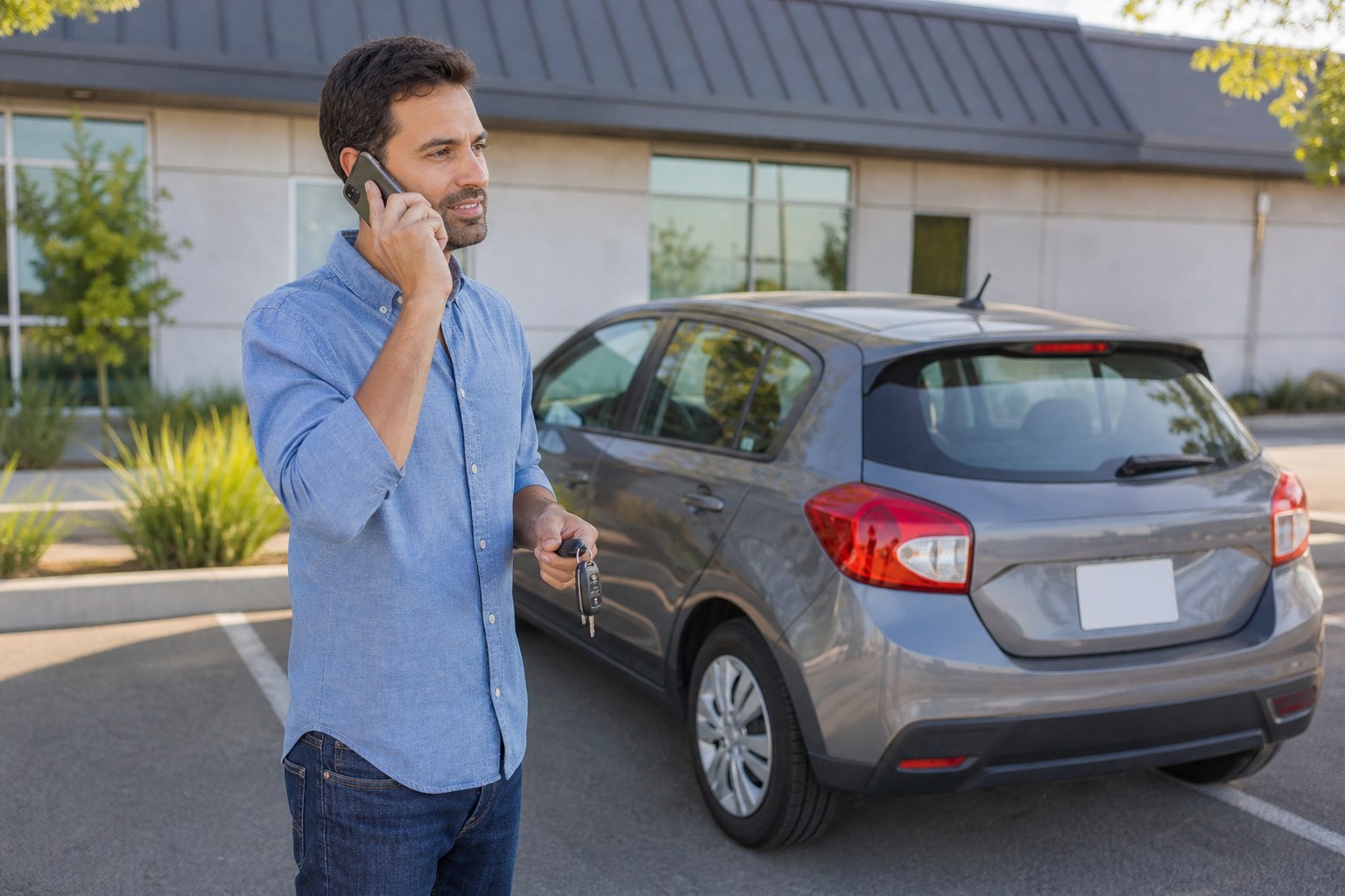 Renter calling to confirm rental details beside a parked car