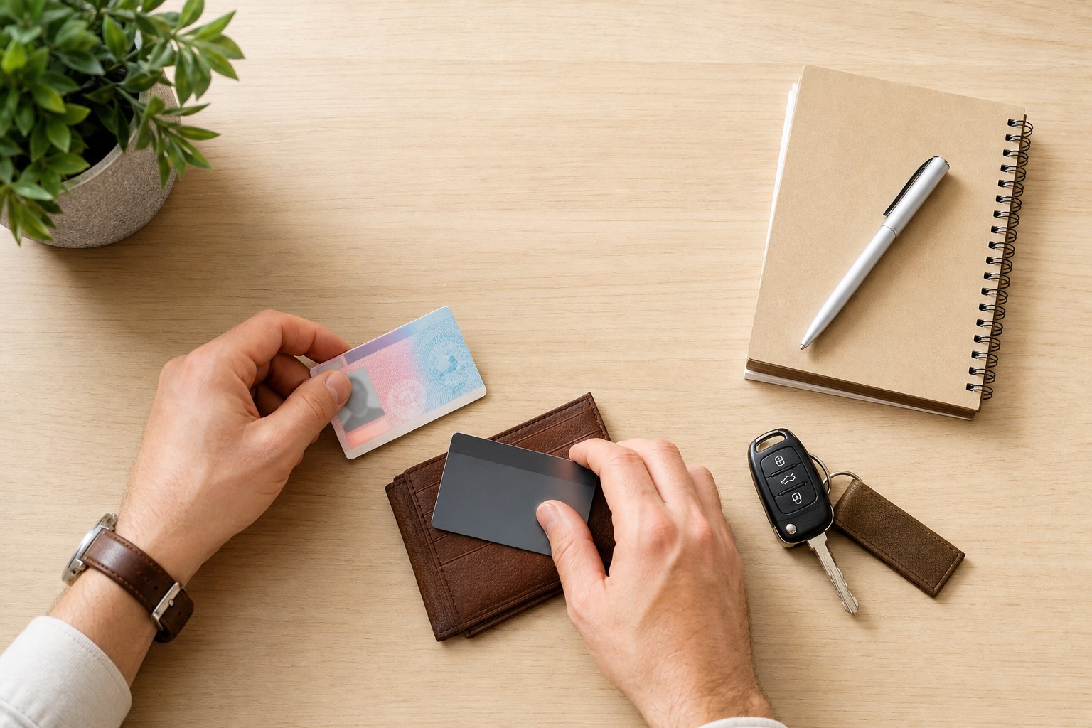 Driver license, bank card and car keys organized before rental pickup