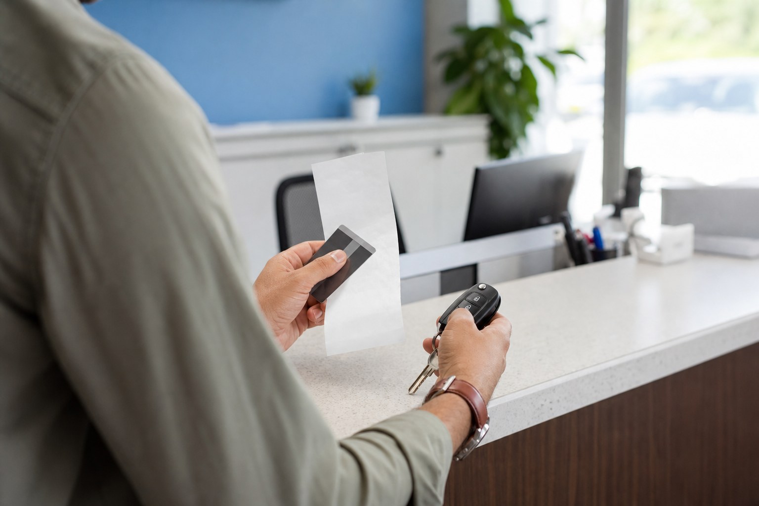 Renter reviewing a receipt and car keys at a local rental counter
