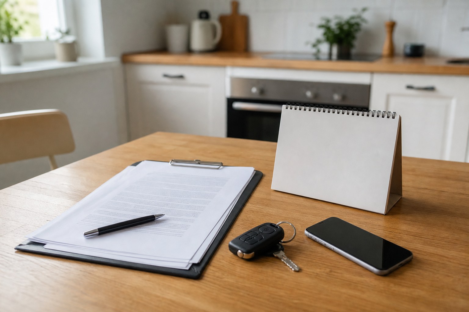 Rental agreement, car keys, phone and desk calendar ready for planning a rental extension
