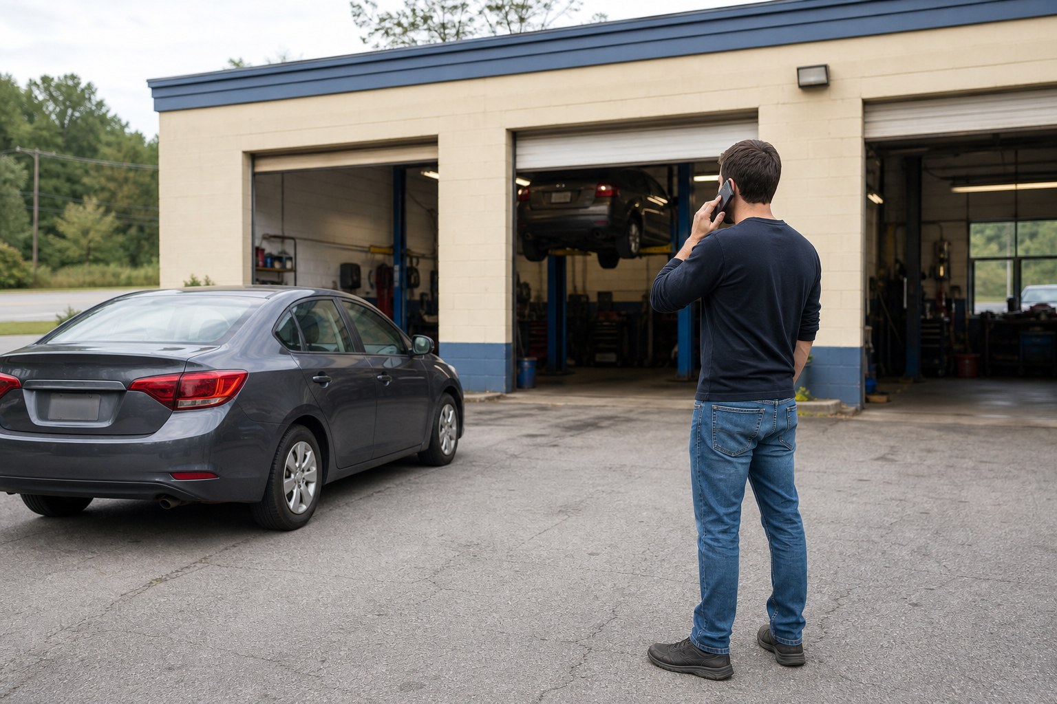 Driver calling from an auto repair shop while waiting for vehicle repairs