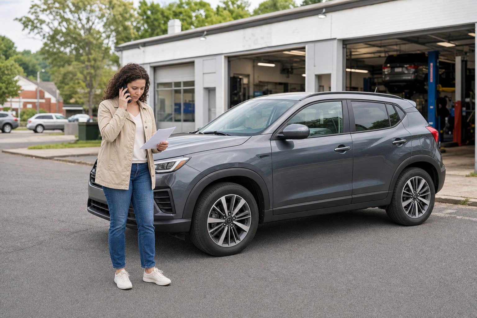 Driver calling about a rental extension beside a compact SUV at an auto repair shop