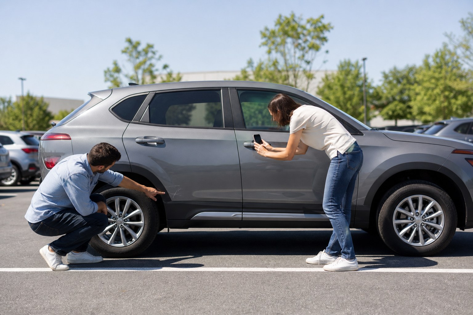 Two adults documenting a compact SUV during a careful vehicle walk-around