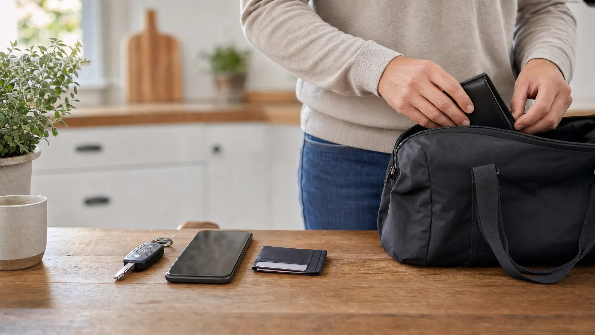 Driver packing a wallet, phone and keys before rental pickup