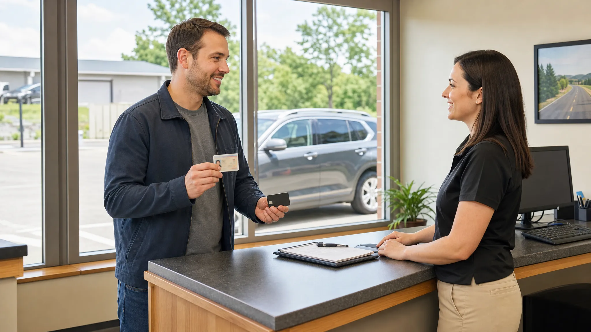 Customer showing a driver license and debit card at a local rental counter