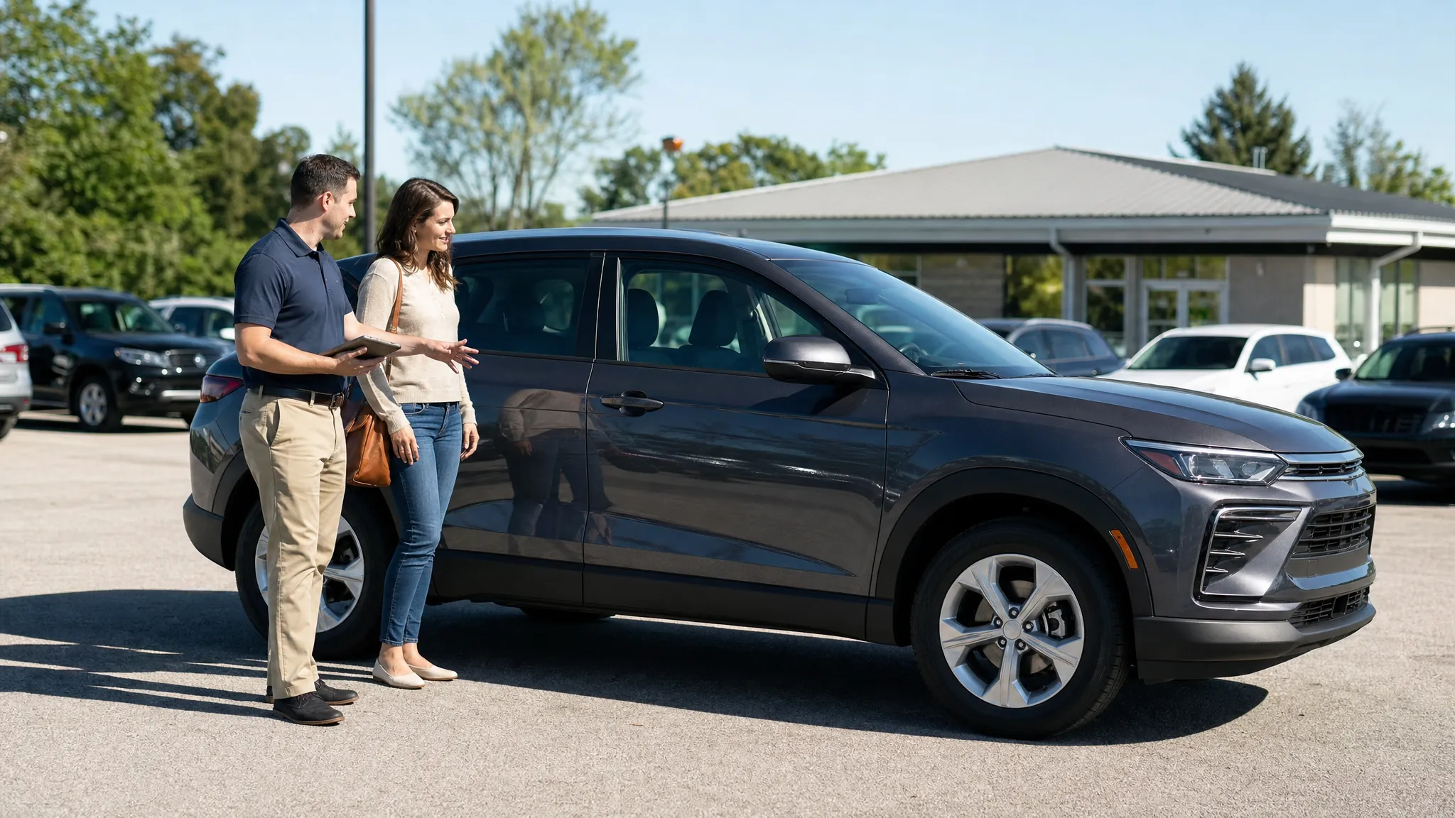 Customer and rental representative checking a compact SUV before pickup