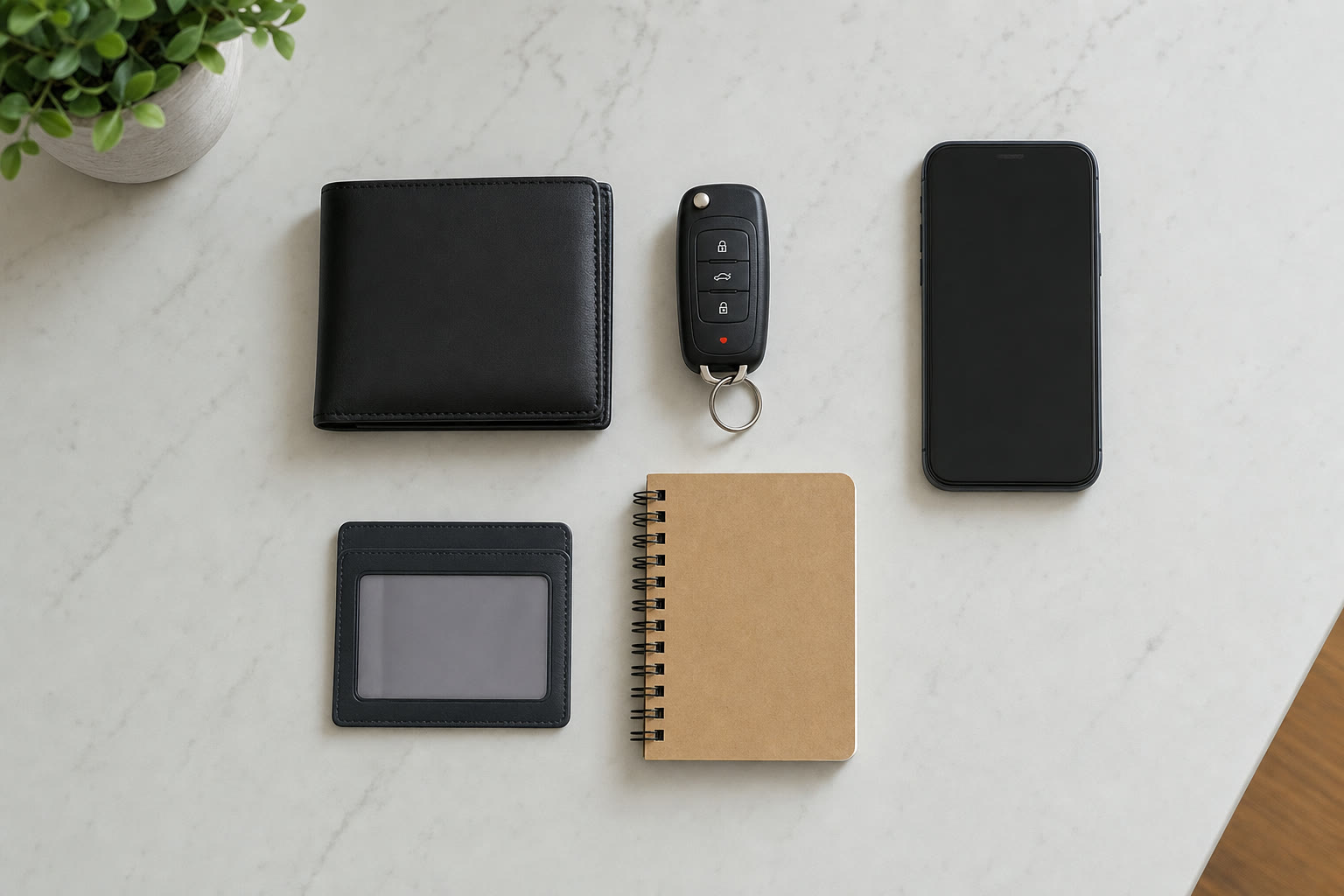Wallet, car key fob, phone and notebook prepared for a rental pickup
