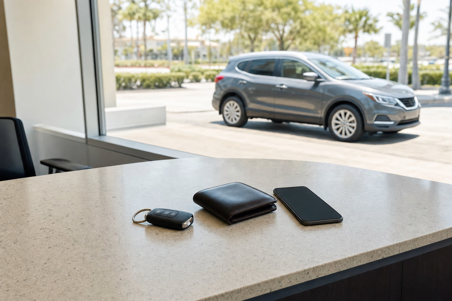 Car key fob, wallet and phone on a local rental counter with a compact SUV outside