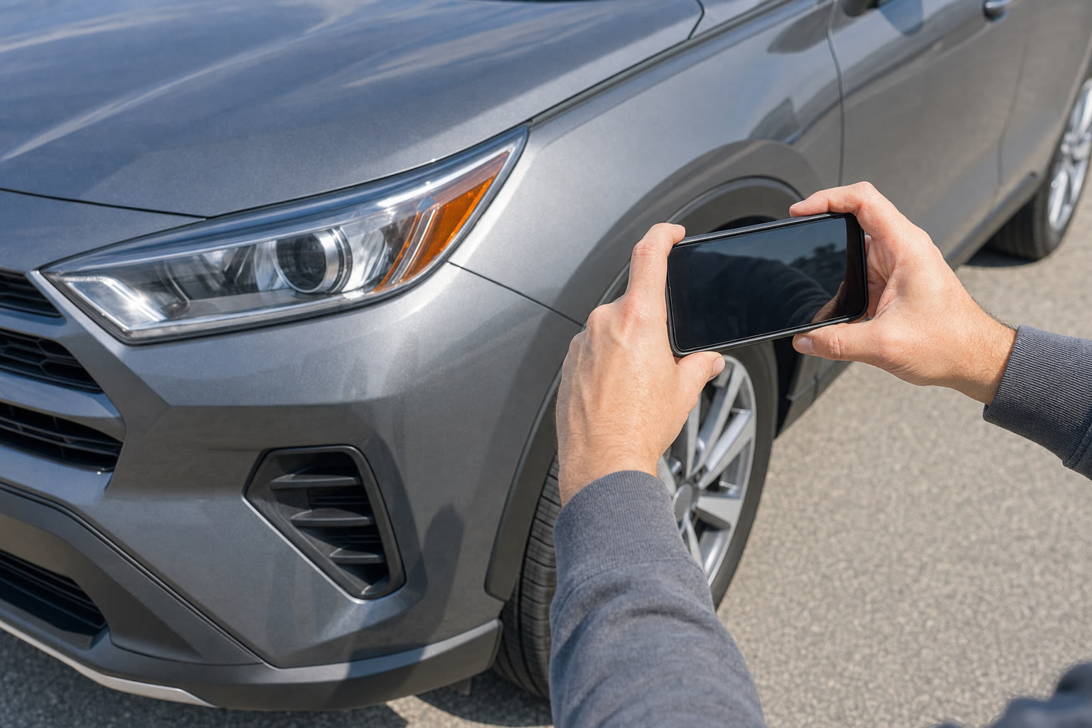 Renter taking a photo of a compact SUV during a pickup inspection