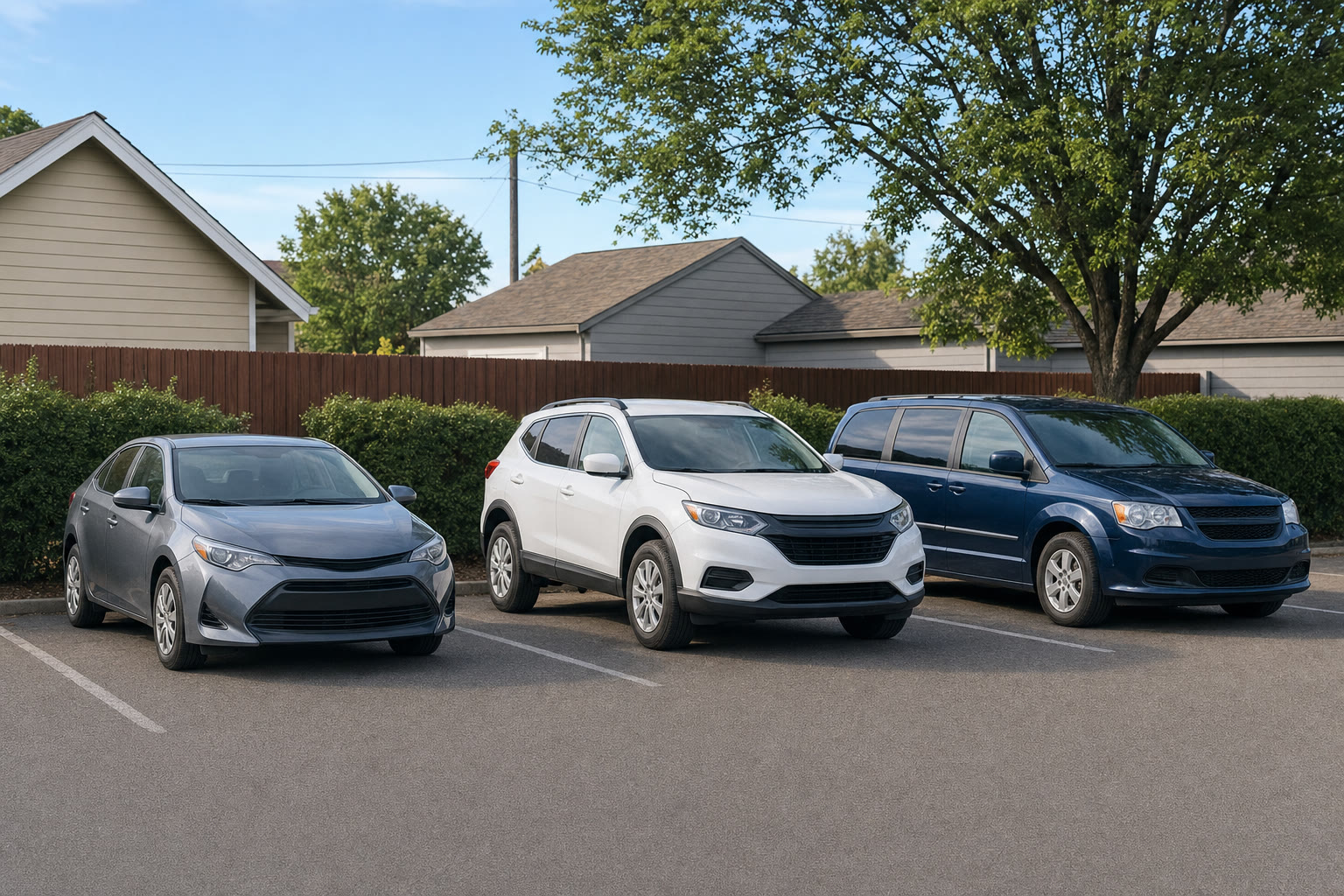 Compact sedan, compact SUV and minivan parked together