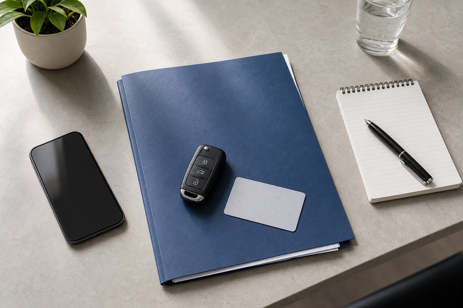 Rental agreement folder, car key fob, phone and notepad prepared for a return plan
