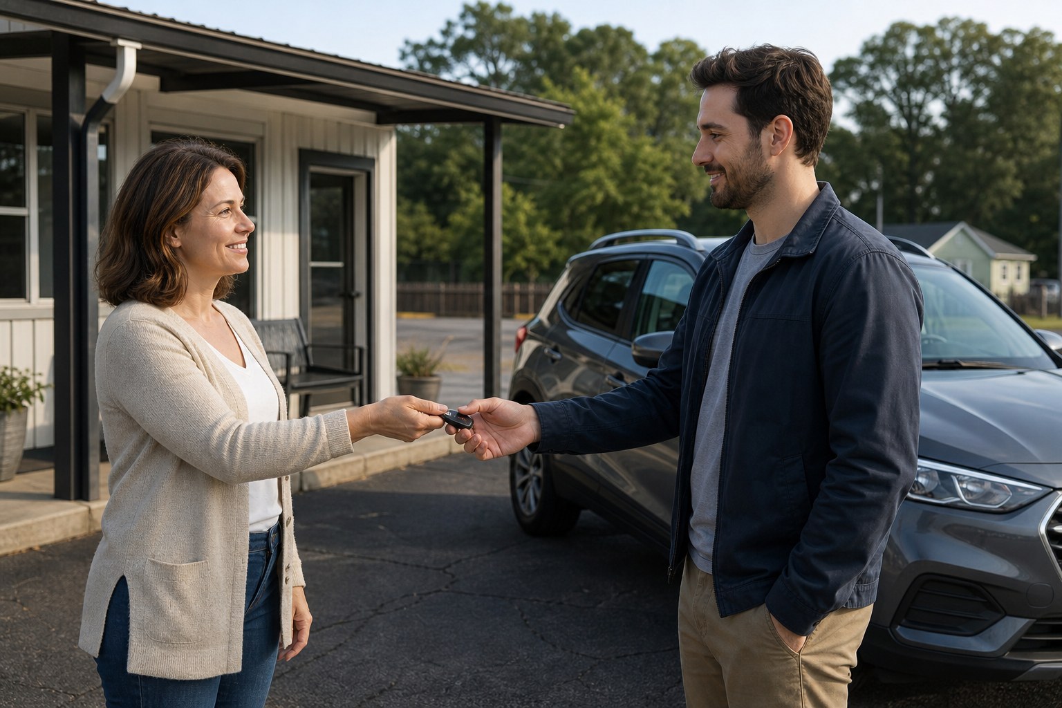 Two adults handing over a rental car key fob beside a compact SUV