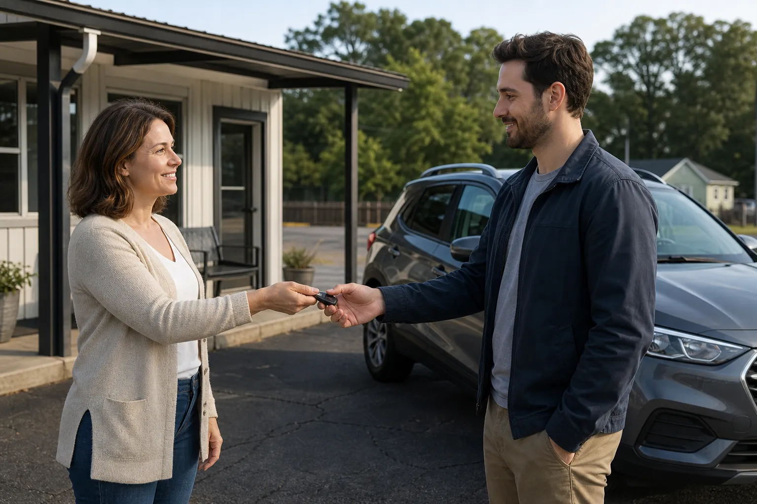 Two adults handing over a rental car key fob beside a compact SUV