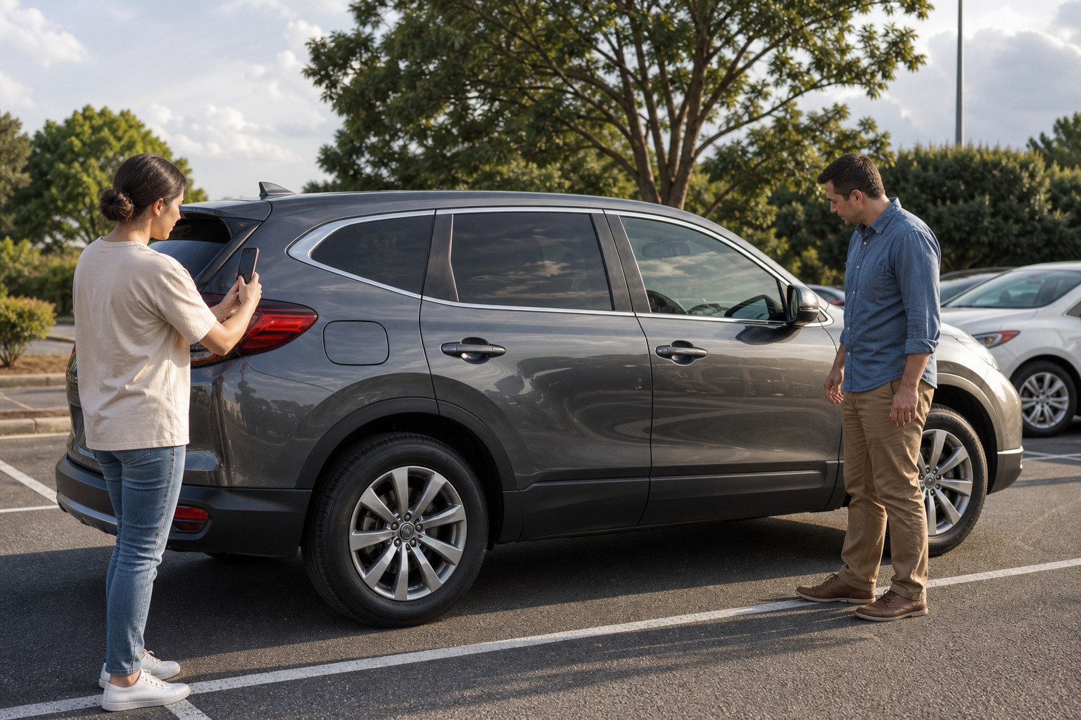Two adults completing a careful rental-car walk-around in a parking lot