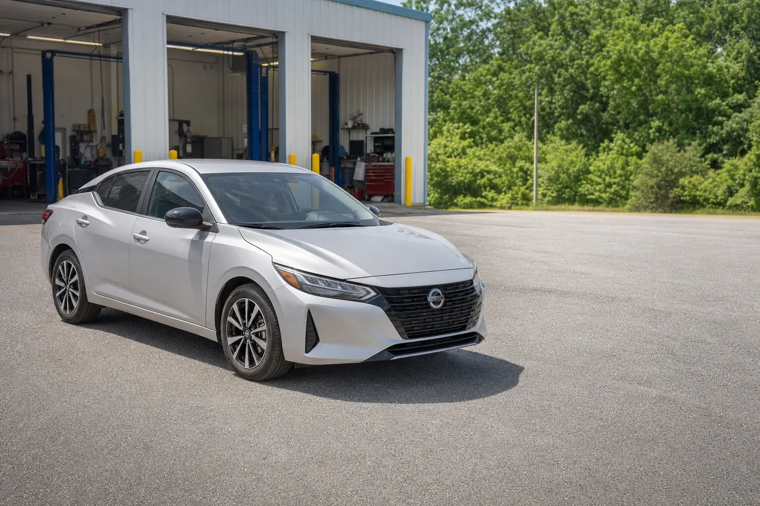 2025 Nissan Sentra waiting outside an auto repair shop