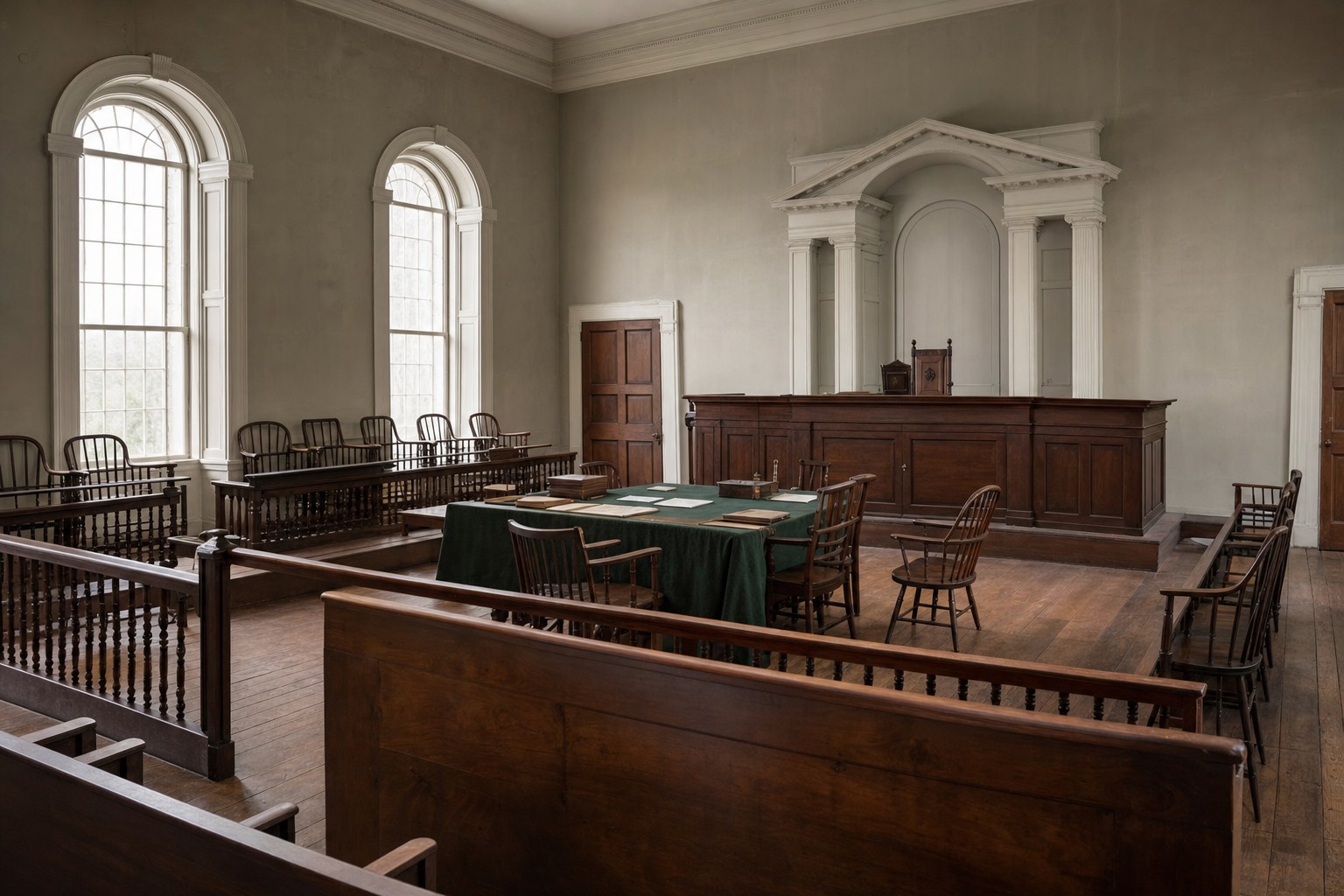 An empty early nineteenth-century courtroom with wood benches, a counsel table, and a judge’s bench