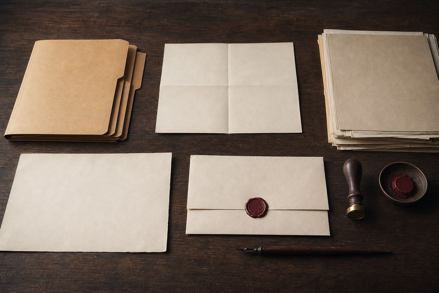 Blank archival papers, folders, a wax seal, and a pen arranged on a wooden table