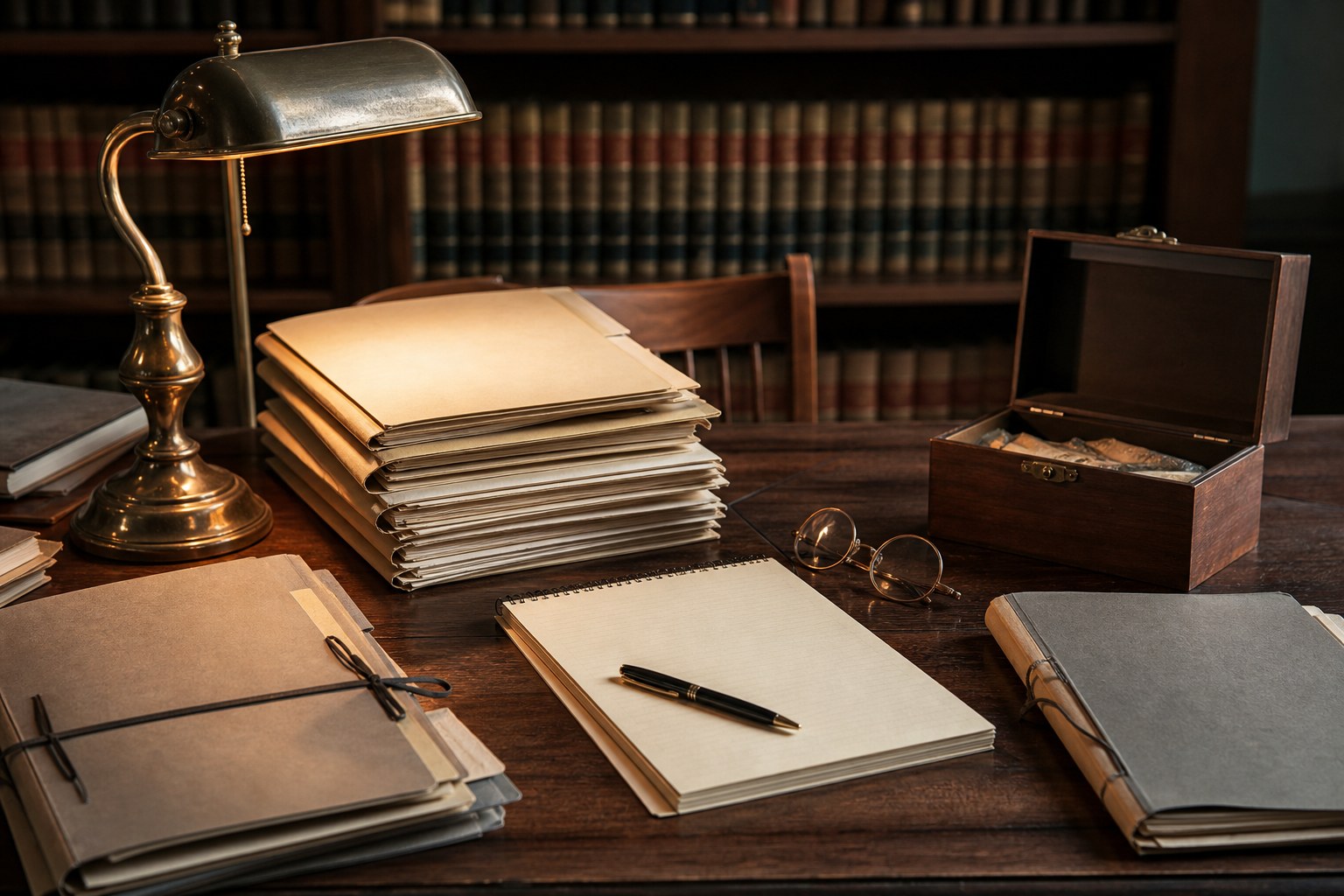 Organized blank case files, notebook, reading glasses, and a brass lamp on a legal research table