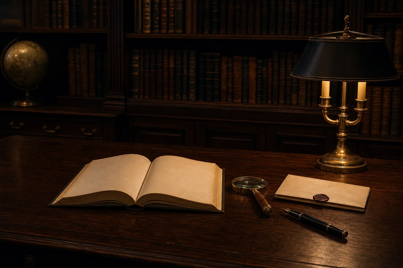An open legal reference book, magnifying glass, sealed letter, and brass lamp in a law library