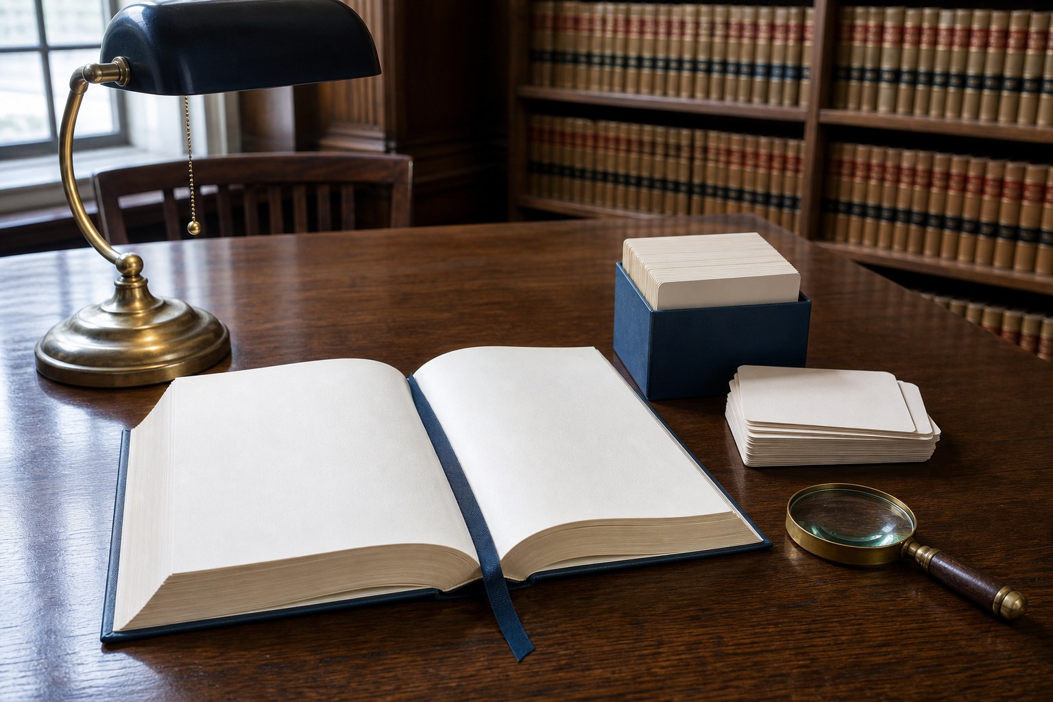 An open blank reference book, note cards, magnifying glass, and brass lamp on a law library table
