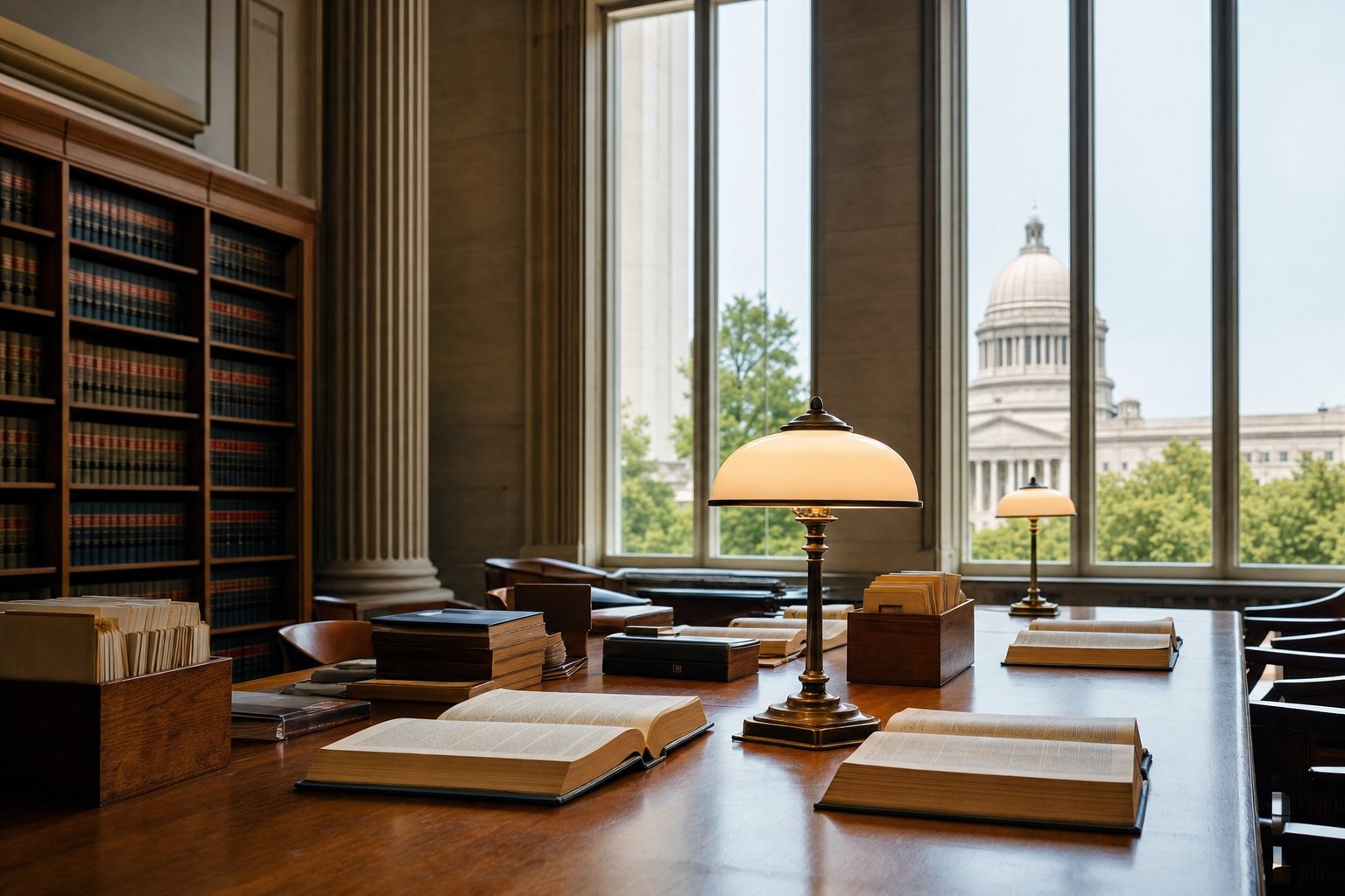 A law library reading room with legal reference books and a government dome beyond the windows