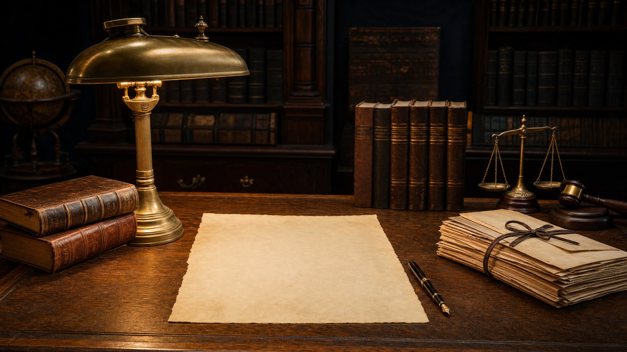 A historic law-library desk with a brass lamp, legal volumes, a blank parchment, and family papers