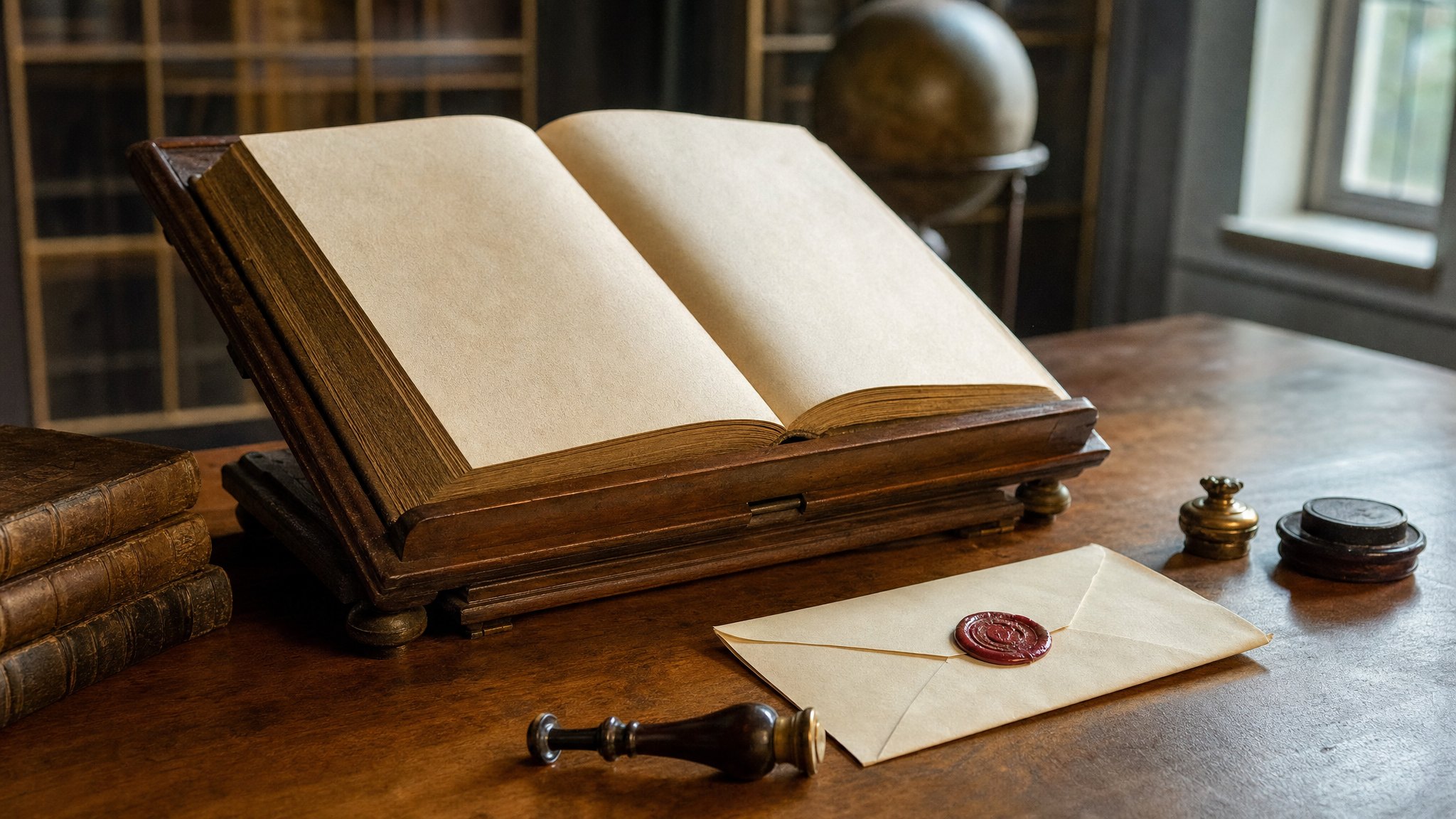 A blank historical legal volume on a wooden reading stand beside a sealed letter