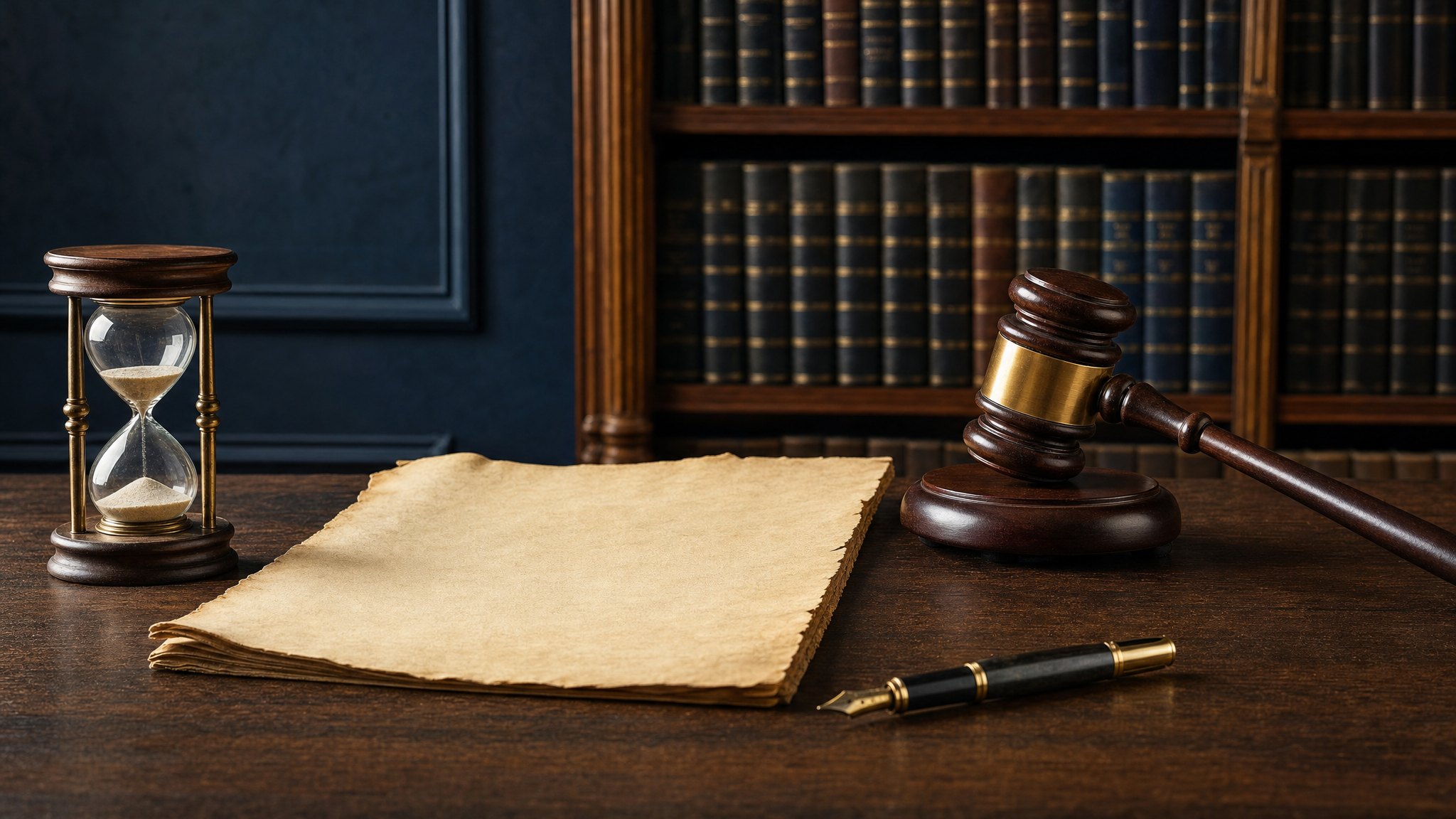 A blank parchment between a wooden gavel and an hourglass in a law library