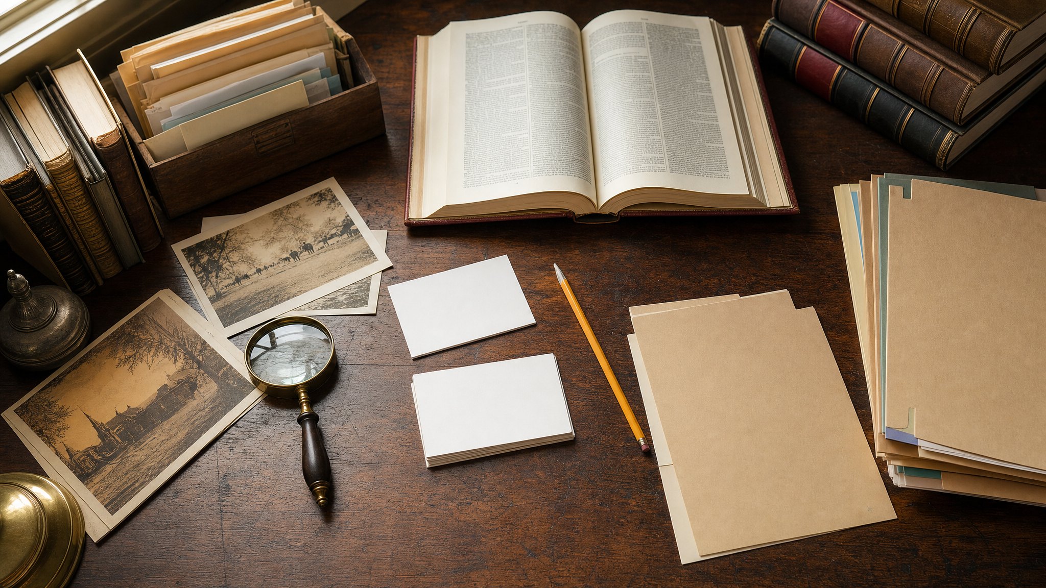 An organized archival research desk with index cards, folders, a magnifying glass, and legal books