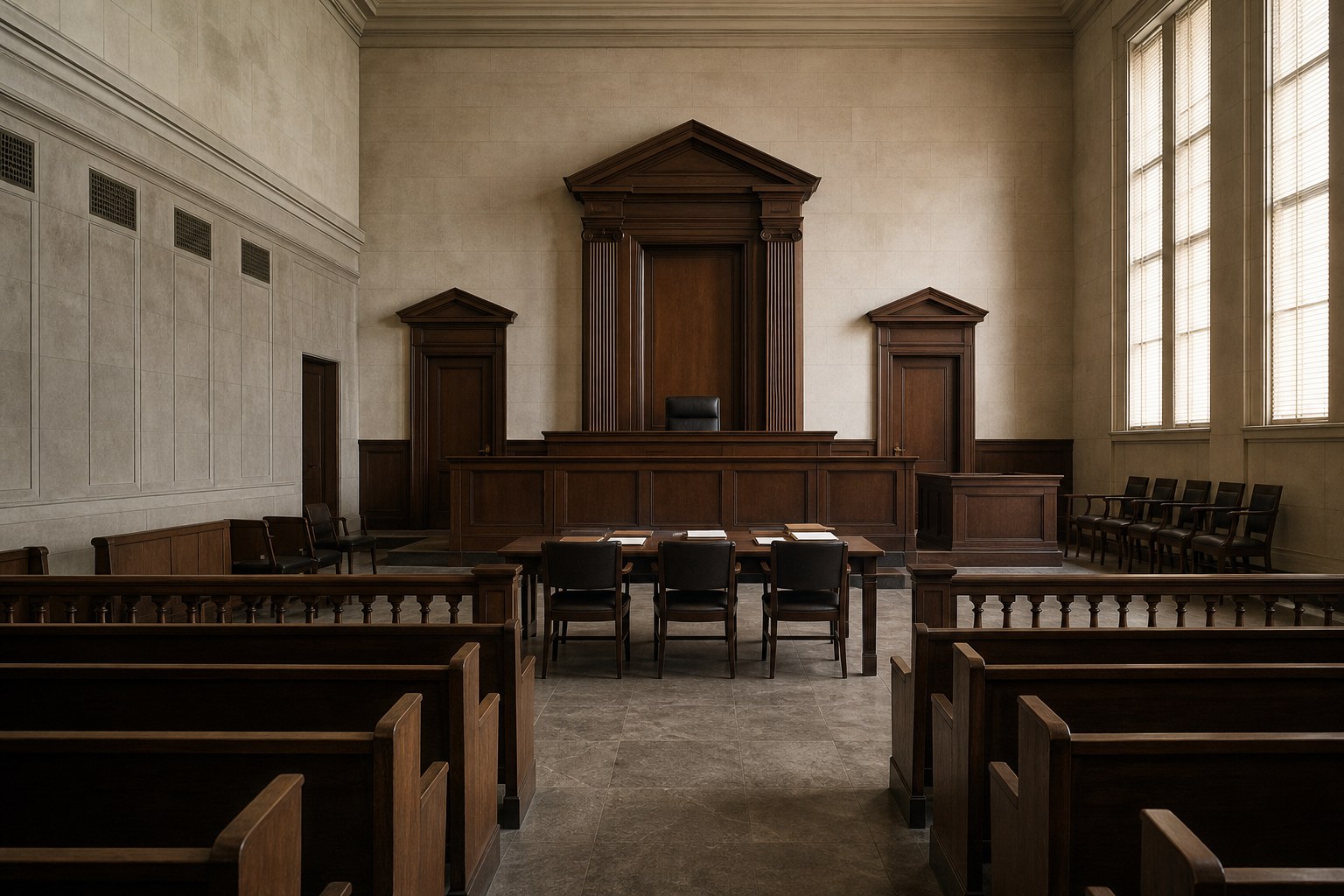 An empty federal courtroom with wooden benches, counsel tables, and a judge’s bench