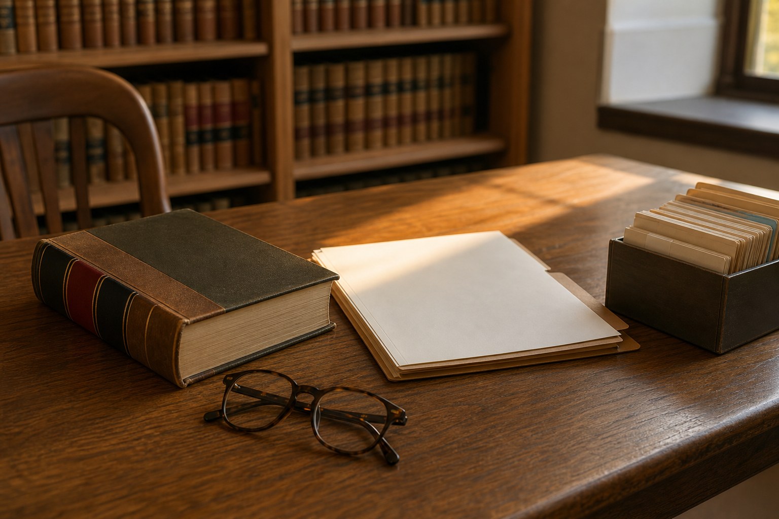 A legal reference volume, plain case file, reading glasses, and index cards on a library table